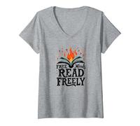 Free Minds Read Freely: Intellectual Freedom Flame V-Neck T-Shirt, Women, Heather Grey, L