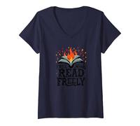Free Minds Read Freely: Intellectual Freedom Flame V-Neck T-Shirt, Women, Navy, M