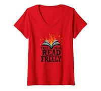 Free Minds Read Freely: Intellectual Freedom Flame V-Neck T-Shirt, Women, Red, XXL
