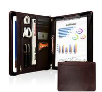Free Name Engraving | 2 Ring Binder Leather Folder, Conference Folder A4, 2 Ringbinder Folder Leather Briefcase with A4 Clipboard, Organizer Folder with Zipper/Handle, Customized | Dark Brown