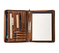 Free Name/Initials Engraved | Conference Folder A4 Leather Zipped 2 Ring Binder Portfolio, Vintage Case Padfolio Folder with Notepad Holder, Document Bag Tablet Sleeve Folio, Customized