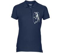 Free P&P Equestrian Equine Horse Riding Ladies Polo Shirt Horse Silhouette Head Stars & Heart Glitter Colour Variations (M-Approx 10s (36) 92cm, Rich Navy)