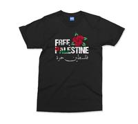 Free Palestine Arabic Rose Art Graphic T-Shirt - Black - L - Arab Gifts - Anti-war Printed T-Shirt - 100% Cotton Regular Fit Graphic Tee - Human Rights Activists Gift