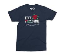 Free Palestine Arabic Rose Art Graphic T-Shirt - Navy - M - Arab Gifts - Anti-war Printed T-Shirt - 100% Cotton Regular Fit Graphic Tee - Human Rights Activists Gift