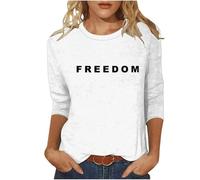 Free Palestine t Shirt Freedom T Shirt for Women Casual 3/4 Sleeve Crewneck American Shirt Letter Print Graphic Color Block Funny Freedom Tshirt White L