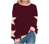 Free People Oversized Sweatshirt for Women Striped Star Pullover Tops Drop Shoulder Long Sleeve Sweatshirts Y2k Tops Loose Fit Casual Blouses Pullovers Baggy Lightweight Tops Spring Fall Blouse