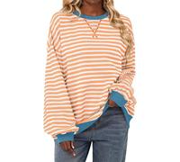 Free People Women Plus Size Sweatshirt Striped Color Block Crew Neck Pullover Tops Ladies Oversized Sweatshirts Long Sleeve Casual Loose Shirt Y2k Top Fall Winter Clothes Beige