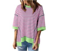 Free People Women's Casual Striped Tops Half Sleeve Shirts Crewneck Oversized Pullover Top Sweatshirts 2024 Summer Fall Clothes Oversized Sweatshirt Y2k Tops