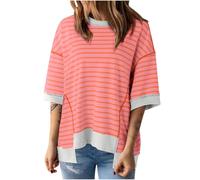 Free People Women's Casual Striped Tops Half Sleeve Shirts Crewneck Oversized Pullover Top Sweatshirts 2024 Summer Fall Clothes Oversized Sweatshirt Y2k Tops
