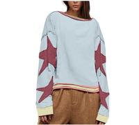 Free People Women's Oversized Sweatshirt Long Sleeve Lightweight Pullover Tops Star Print Drop Shoulder Sweatshirts Y2k Tops Loose Fit Casual Blouses Pullovers Solid Baggy Tops Spring Fall Blouse