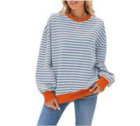 Free People Women's Striped Pullover Tops 2024 Fall Clothes Long Lantern Sleeve Soft Loose Crew Neck Y2K Sweatshirts Color Block Crew Neck Pullovers Oversized Sweatshirt Navy