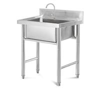 Free Standing 304 Stainless Steel Single Bowl with Drainer, Faucet for Garage Laundry Outdoor Garden