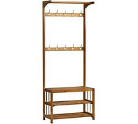 Free Standing Coat Rack with Shoe Storage and Removable Double Row Hooks, Bamboo Frame Hall Tree for Organizing Hats, Shoes, and Coats in Hallway or Living Room
