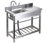 Free Standing Commercial Restaurant Kitchen Sink, Stainless Steel Single Bowl Utility Laundry Sink Set Outdoor Sink with Workbench & Storage Shelve