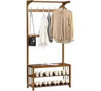 Free Standing Hall Tree Coat Rack with Removable Double Row Hooks and Shoe Storage, Bamboo Frame for Organizing Hats, Shoes in Hallway, Living Room