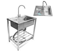 Free Standing Kitchen Sink, 360° Swivel Tap Kitchen Faucet 304 Stainless Steel Commercial Sink Moveable Drainage Basket with 22cm Deep Bowl, Durable