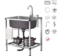 Free Standing Kitchen Sink, Single Bowl Stainless Steel Commercial Sink Set with Brushed Surface, for Restaurant or Home Use