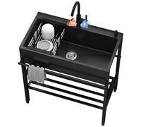 Free Standing Kitchen Sink with Hot and Cold Tap,Black Stainless Steel Outdoor Utility Sink,Laundry Room Cabinet for Hand Washing, for Garage Indoor Kitchenette