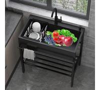 Free Standing Kitchen Sink with Hot and Cold Tap, Black Stainless Steel Outdoor Utility Sink, Laundry Room Cabinet for Hand Washing, for Garage Indoor Kitchenette (68cm)