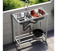 Free Standing Outdoor Sink Stainless Steel Restaurant Kitchen Sink, Commercial Restaurant 2 Bowl with Drain & Storage Shelf,Utility for Hotel Home Bar Laundry Room Basement Garage