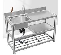 Free-Standing Outdoor Stainless Steel Commercial Sink with Drainboard & Double Storage Shelves Single Bowl Restaurant Kitchen Sink Faucet Included 100x50x80cm/39.4x19.7x31.5in Left