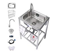 Free Standing Shop Sink Kitchen Sinks, 304 Stainless Steel Commercial Portable Utility Sink Laundry Room Sinks for Backyard/Garage, w/Faucet & Drainboard Storage, for Indoor Outdoor (Color : Hot and