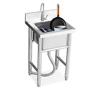 Free Standing Single Bowl Commercial Restaurant with Faucet Hand Basin for Restaurant, Workshop Silver