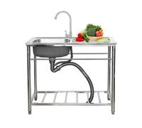 Free Standing Single Bowl Kitchen Sink Set, 1 Compartment Commercial with Hot and Cold Water Pipes Faucet Stainless Steel Restaurant/Garage Utility