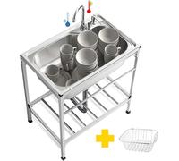 Free Standing Single Bowl Kitchen with Hot and Cold Faucet, Drain Basket for Restaurant, Laundry Room Bathroom Farmhouse Patio 71x47x75cm