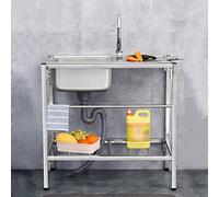 Free Standing Single Bowl Utility Sink,304 Stainless-Steel Hand Washing Station,Kitchen Sinks with Drainboard 1 Compartment with Faucet,for Garage,Restaurant,Kitchen,Laundry Room,Indoor Outdoor(Hot an