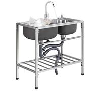 Free Standing Stainless-Steel Double Bowl Commercial Restaurant Kitchen Sink Set Utility Sinks Laundry Room Sink with Cold Hot Faucet and Storage Shelve
