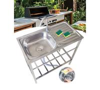 Free Standing Stainless-Steel Single Bowl Kitchen Sink Outdoor Utility Sink w/Faucet & Workbench & Storage Shelves Commercial Restaurant Sinks for Bar/Laundry/Basement/Hotel/Garage 75x40xH75cm
