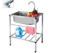 Free Standing Stainless Steel Sink Set W/Faucet & Drainboard, Prep Utility Single Bowl Sink, Outdoor with Storage Shelve, Washing Hand Basin Indoor (Color : Hot, Style 52 * 38 cm)