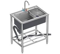 Free Standing Utility Sink 1 Compartment Stainless Steel Industrial Garage Sink w/Cold Hot Water Pipe Tap Commercial Restaurant Sink for Workshop