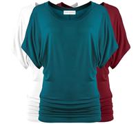 Free to Live 3 Pack Dolman Sleeve Tunic Dressy Business Casual Tops for Women Short Sleeve Shirts Work Outfits Travel Clothes, Teal, Wine, White, S