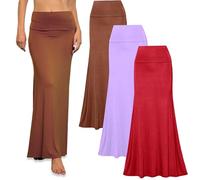 Free to Live 3 Pack Long Skirts for Women Fall Winter Flowy Maxi Skirt High Waist Fold Over Floor Ankle Length Jersey Knit, Lavender, Red, Rust, M