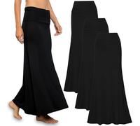 Free to Live 3 Pack Long Skirts for Women Fall Winter Flowy Maxi Skirt High Waist Fold Over Floor Ankle Length Jersey Knit, Black, Black, Black, L
