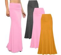 Free to Live 3 Pack Long Skirts for Women Fall Winter Flowy Maxi Skirt High Waist Fold Over Floor Ankle Length Jersey Knit, Charcoal, Mustard, Pink, XXL