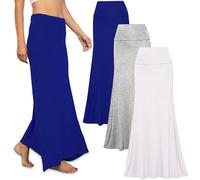 Free to Live 3 Pack Long Skirts for Women Fall Winter Flowy Maxi Skirt High Waist Fold Over Floor Ankle Length Jersey Knit, Heather Grey, Royal Blue, White, M
