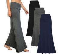 Free to Live 3 Pack Long Skirts for Women Fall Winter Flowy Maxi Skirt High Waist Fold Over Floor Ankle Length Jersey Knit, Black, Charcoal, Navy, XL