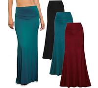 Free to Live 3 Pack Long Skirts for Women Fall Winter Flowy Maxi Skirt High Waist Fold Over Floor Ankle Length Jersey Knit, Black, Teal, Wine, M