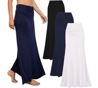Free to Live 3 Pack Long Skirts for Women Fall Winter Flowy Maxi Skirt High Waist Fold Over Floor Ankle Length Jersey Knit, Black, Navy, White, XL