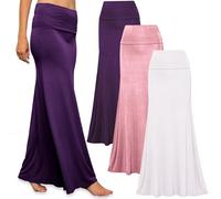 Free to Live 3 Pack Long Skirts for Women Fall Winter Flowy Maxi Skirt High Waist Fold Over Floor Ankle Length Jersey Knit, Purple, Rose, White, XL