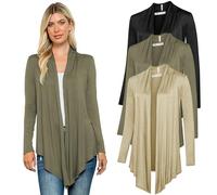 Free to Live 3 Pack Long Sleeve Cardigan for Women Open Front Dressy Casual Fall Draped Lightweight Sweaters Cover Up Shrugs, Black, Khaki, Olive, L