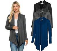 Free to Live 3 Pack Long Sleeve Cardigan for Women Open Front Dressy Casual Fall Draped Lightweight Sweaters Cover Up Shrugs, Black, Charcoal, Navy, XXL