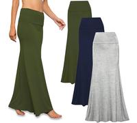 Free to Live - 3 Pack Women's Fold Over Flowy High Waist Maxi Skirts - Flare Style, Floor Length, Heather Grey, Navy, Olive, Medium
