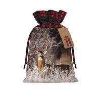 Free Whitetail Deer Christmas Drawstring Linen Gift Bag Paired With Scottish Plaid Fabric, With A Delicate And Simple Texture