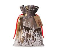 Free Whitetail Deer Printed Christmas Drawstring Bags with Red Ribbon - Reusable Burlap Drawstring Gift Pouches, M