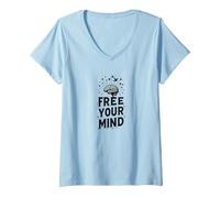 Free Your Mind Brain Birds Inspirational V-Neck T-Shirt, Women, Baby Blue, S