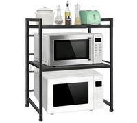FREEAMG 3-Tier Expandable Microwave Oven Rack - Height Adjustable Microwave Oven & Air Fryer Rack with Hooks & Non-Slip Pads, Carbon Steel Organiser for Pots, Pans & Spices Storage, Black